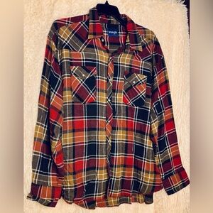 Wrangler Men's Red and Brown Plaid Button Down Shirt
